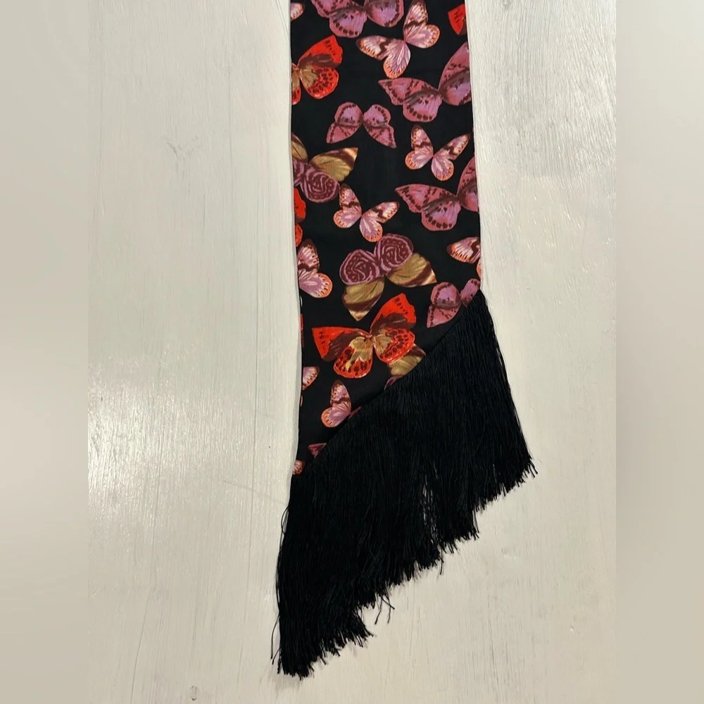 Retro Butterfly Print Satin Scarf Black Fringe Trim Boho Glam Neck Wrap